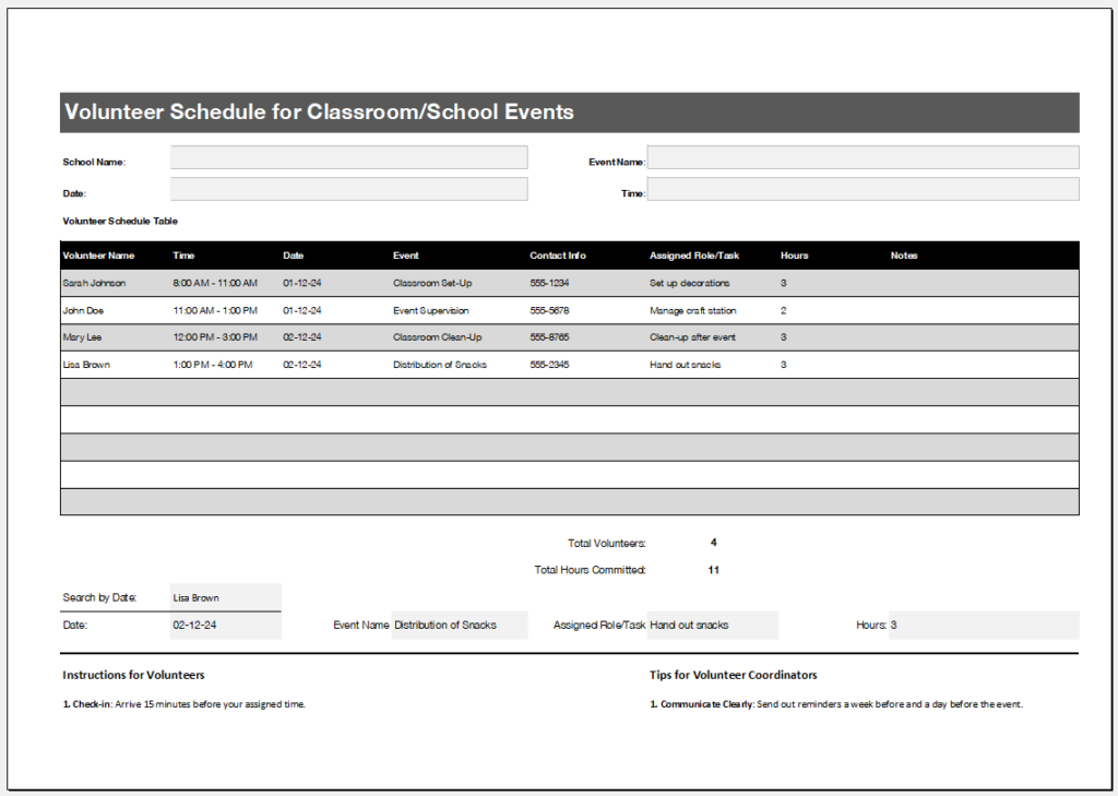 Volunteer Schedule for Classroom-School Events