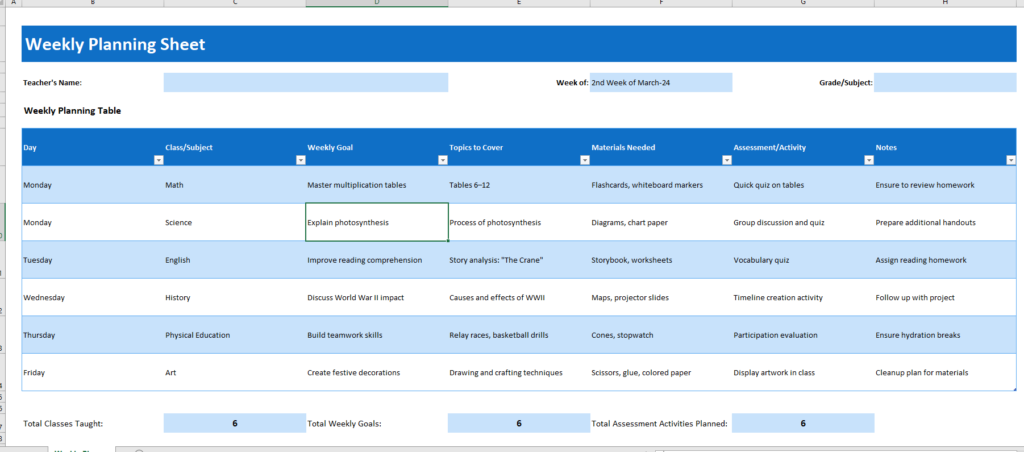 Weekly Planning Sheet for Teachers