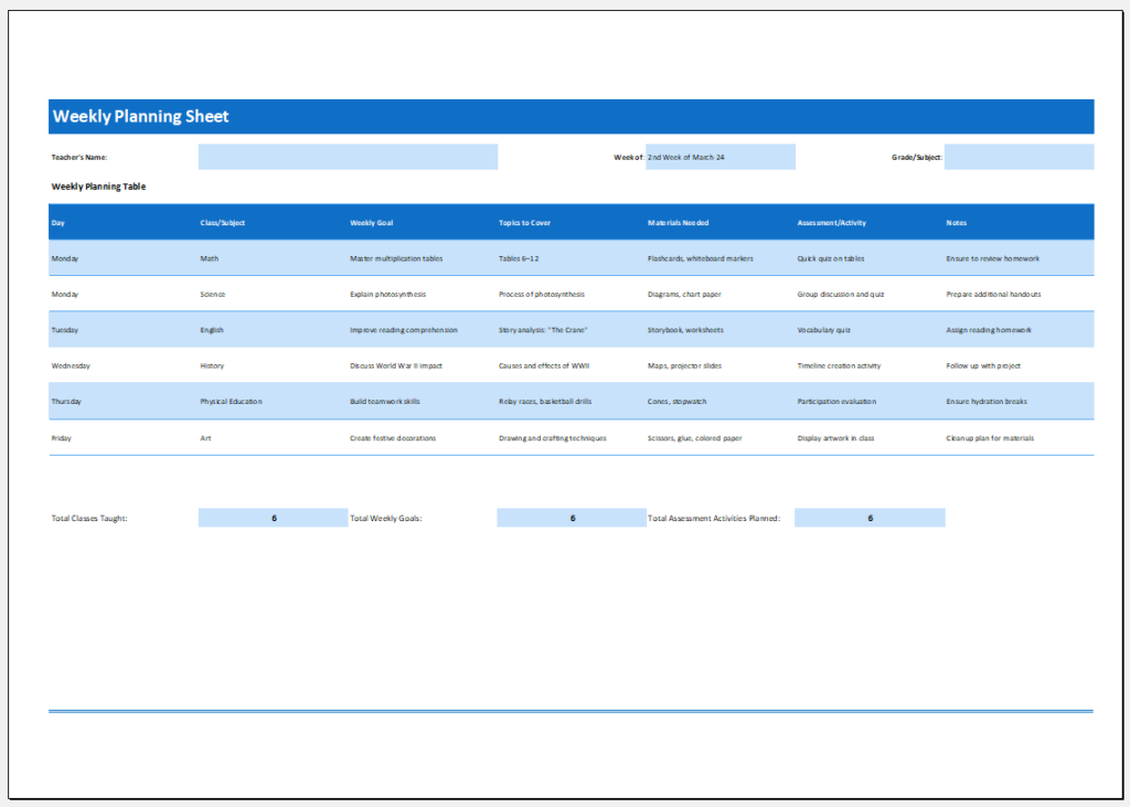 Weekly Planning Template For Teachers Download Excel File