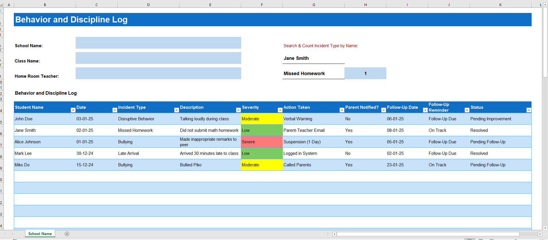 Behavior and Discipline Log Template for Excel