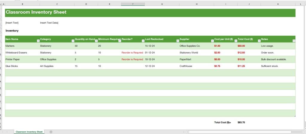 Classroom Inventory Sheet Template