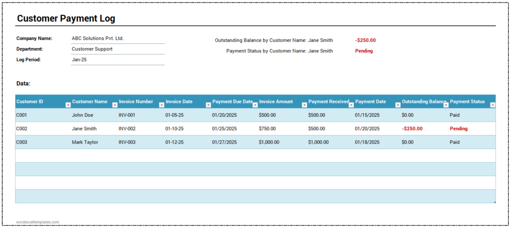 Customer Payment Log Template