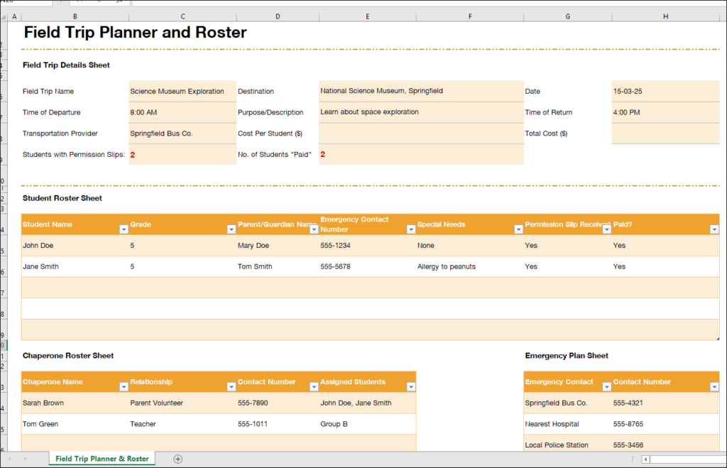 Field Trip Planner and Roster Template