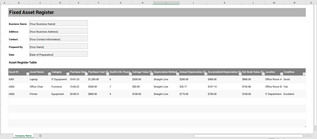 Fixed Asset Register Template for Excel