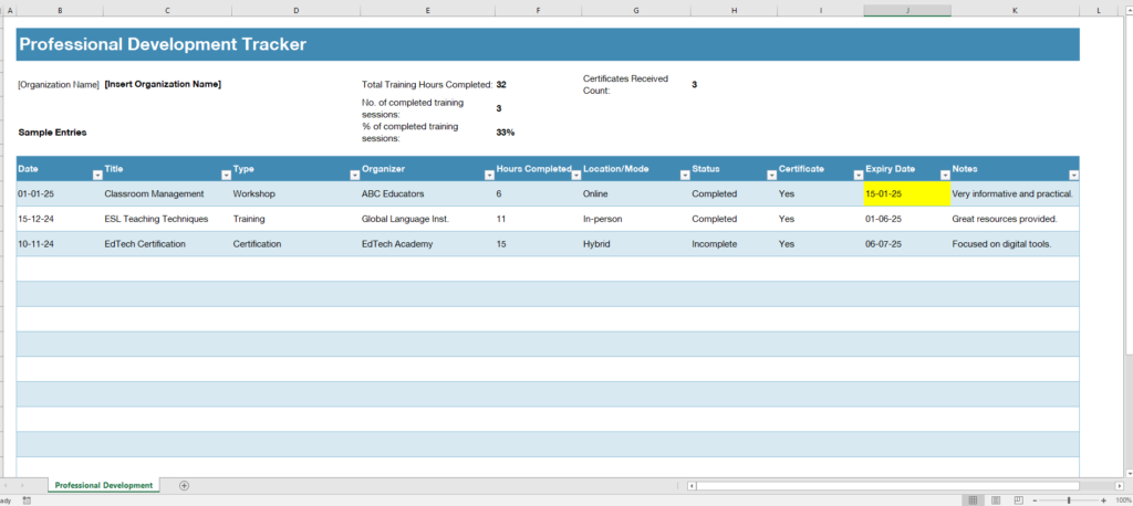 Professional Development Tracker Template