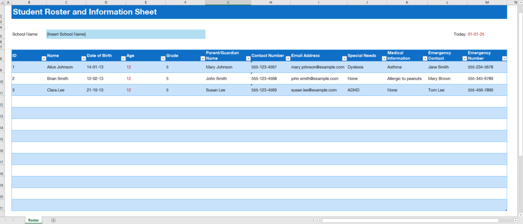 Student Roster and Information Sheet