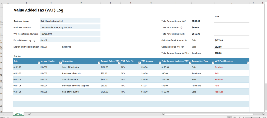 Value Added Tax (VAT) Log Template