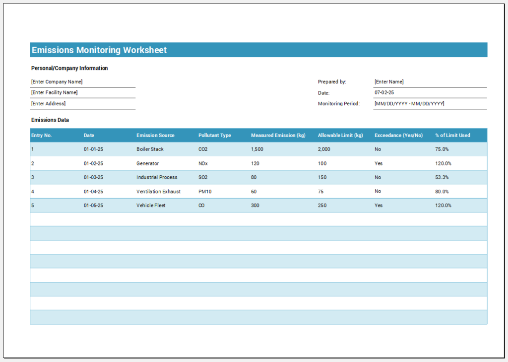 Emissions Monitoring Worksheet Template for Excel