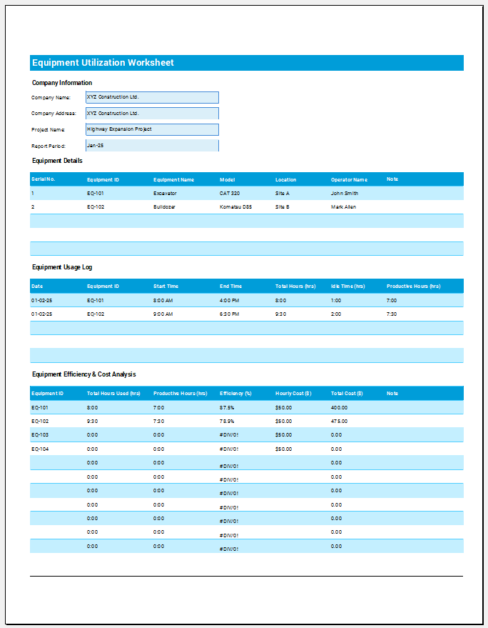 Equipment Utilization Worksheet for Excel