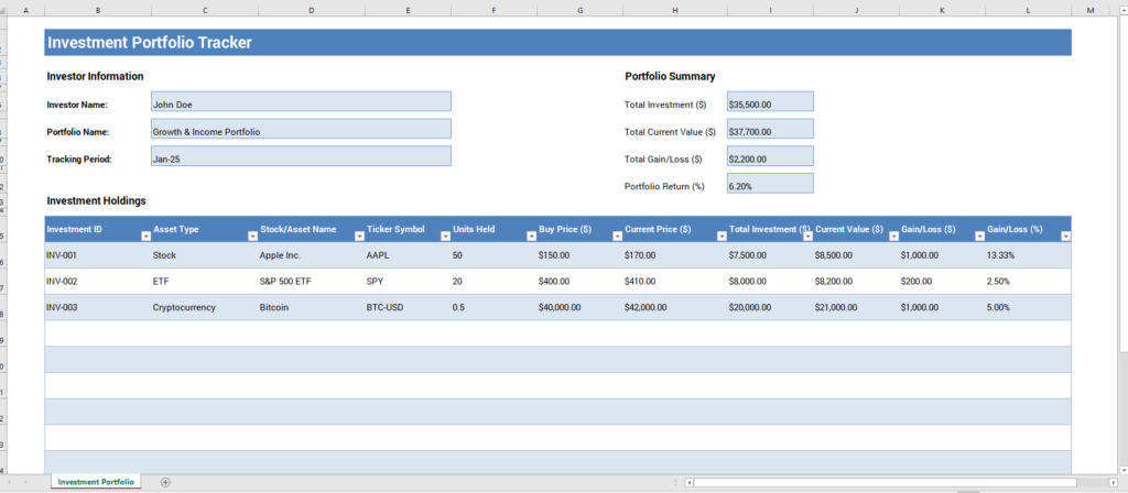 Investment Portfolio Tracker Template for Excel