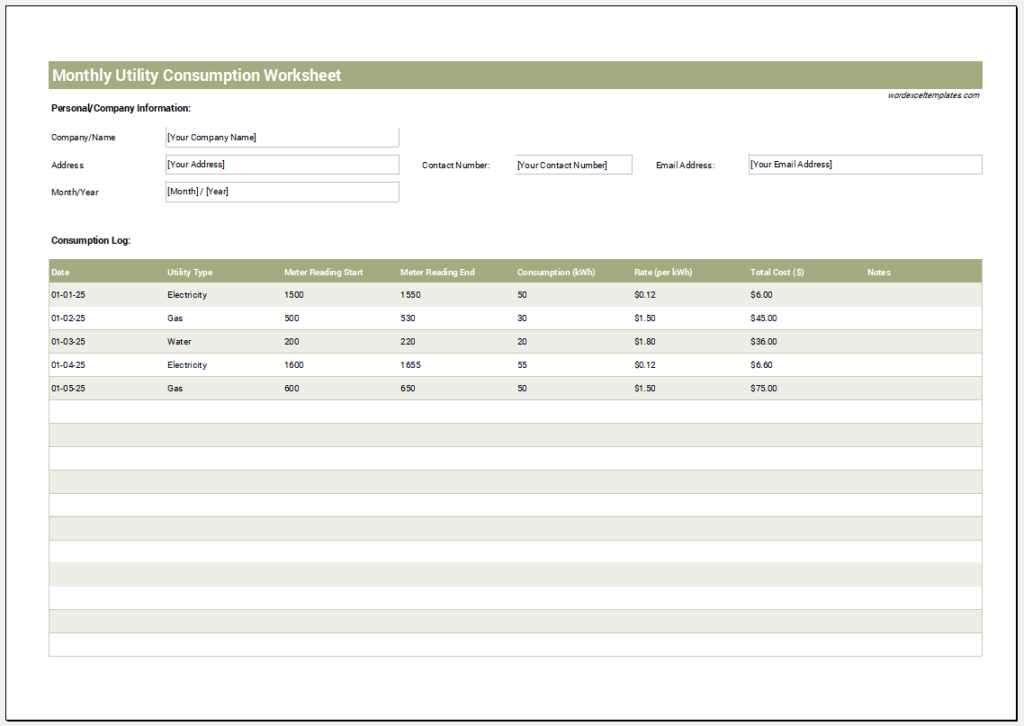 Monthly Utility Consumption Worksheet