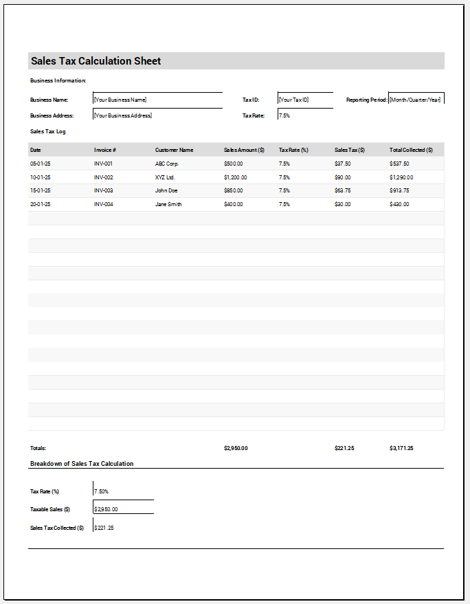 Sales Tax Calculation Sheet Template