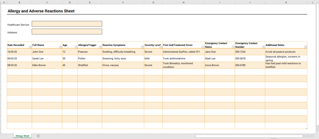 Allergy and Adverse Reactions Sheet