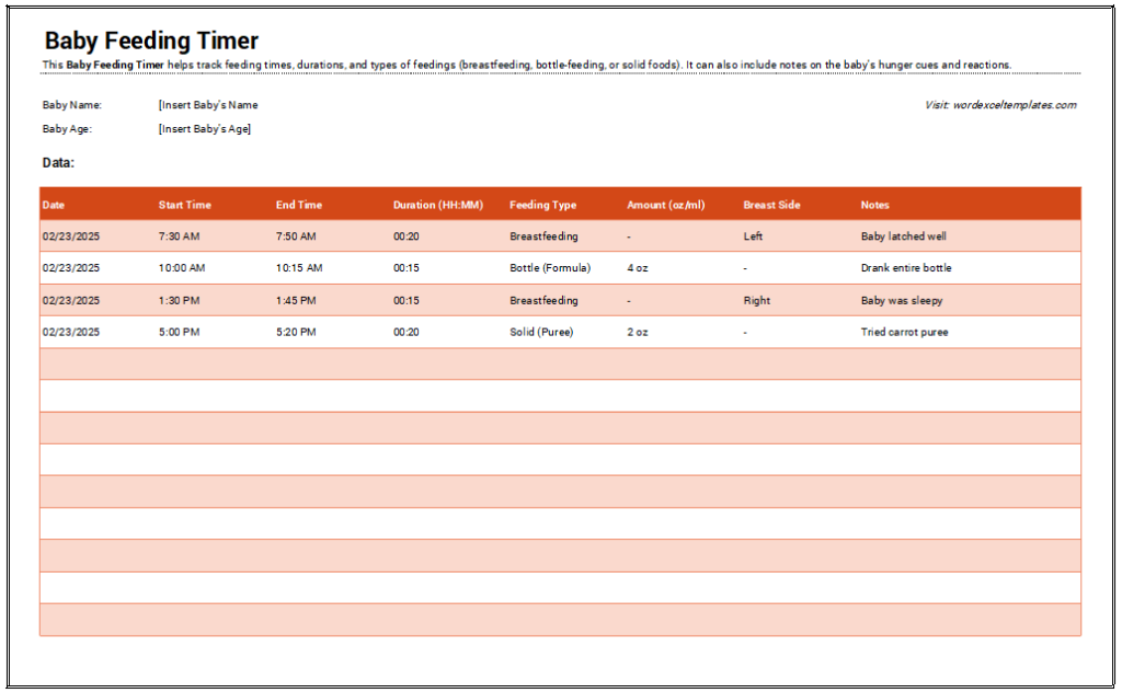 Baby Feeding Timer Template