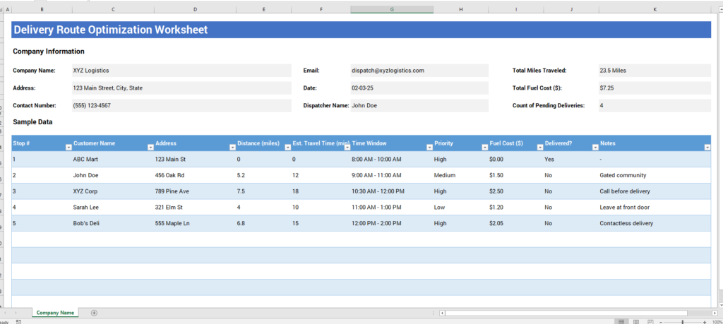 Delivery Route Optimization Worksheet