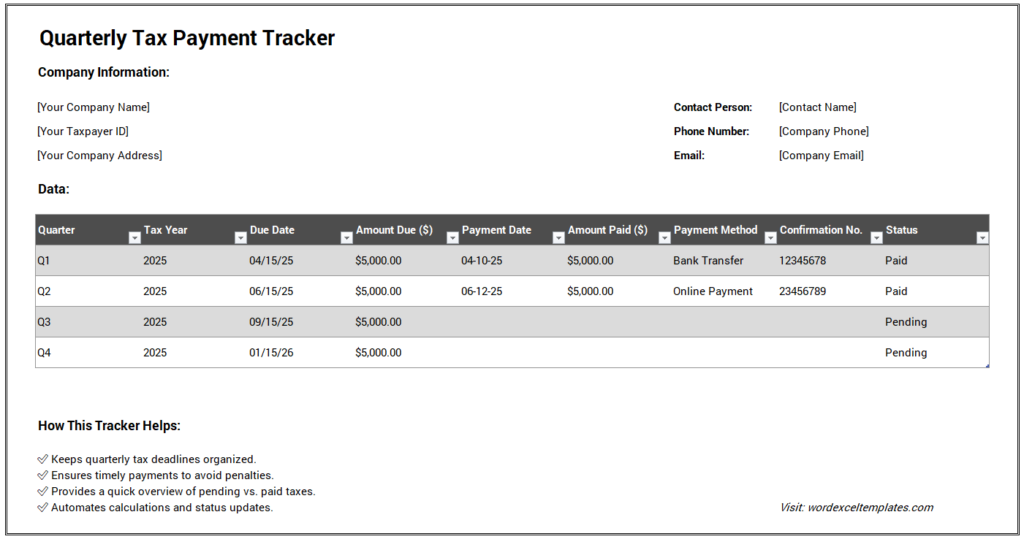 Quarterly Tax Payment Tracker for Excel